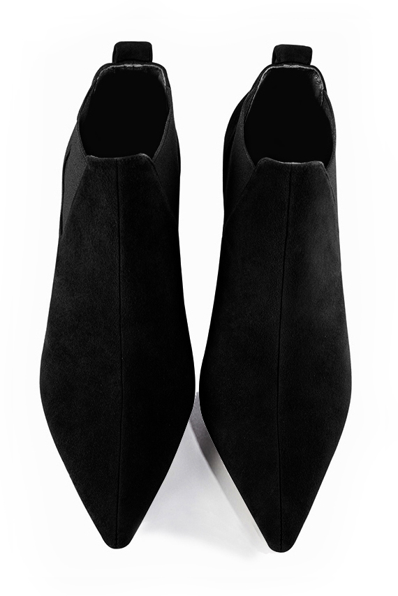 Matt black women's ankle boots, with elastics. Pointed toe. Medium comma heels. Top view - Florence KOOIJMAN
